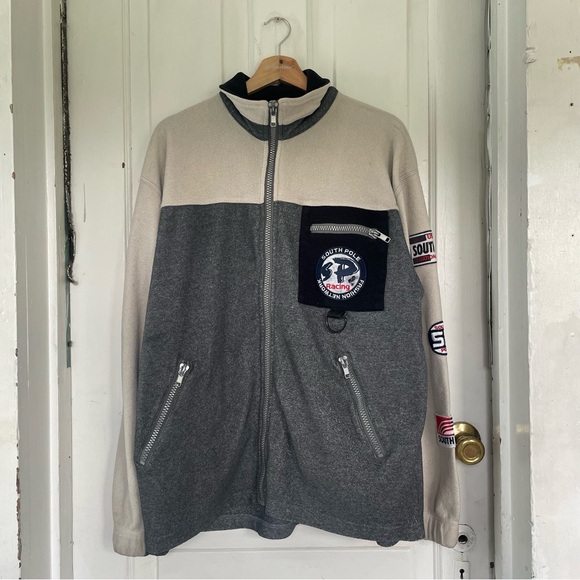 Southpole Racing Varsity Jacket Mens M Full Zip Grey Beige Black Rare Streetwear - Picture 1 of 12